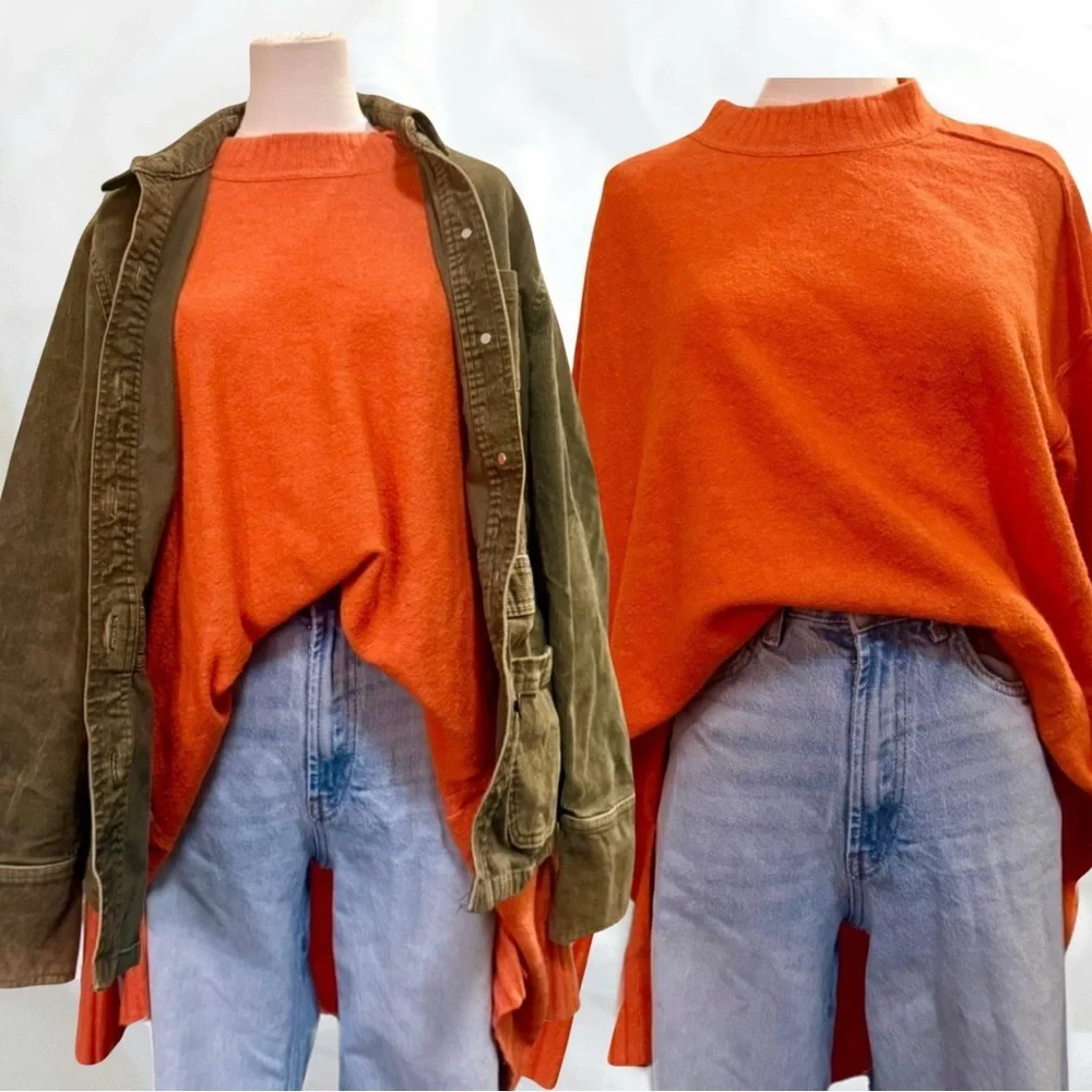 Free People Slouchy Knit Pullover Sz S Orange Boho Cozy - Picture 2 of 6